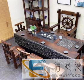 扬州老船木休闲茶桌一桌六椅简约家具新中式船木茶桌茶台