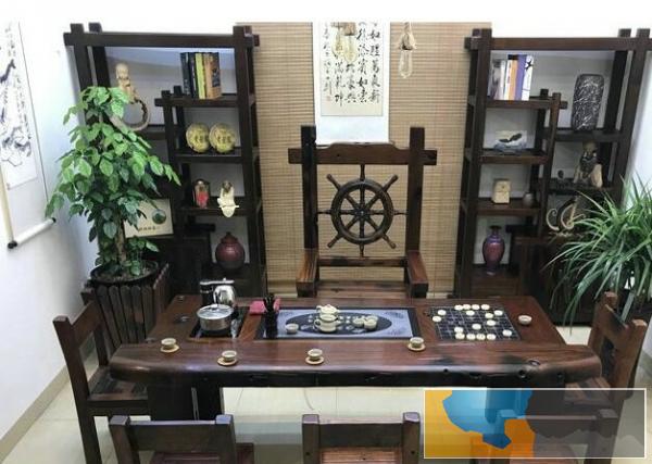 中卫老船木家具批发龙骨海螺孔茶台图片石槽茶桌功夫茶几
