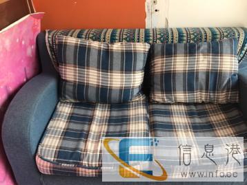 小双人沙发，粗麻混搭藏蓝格纹