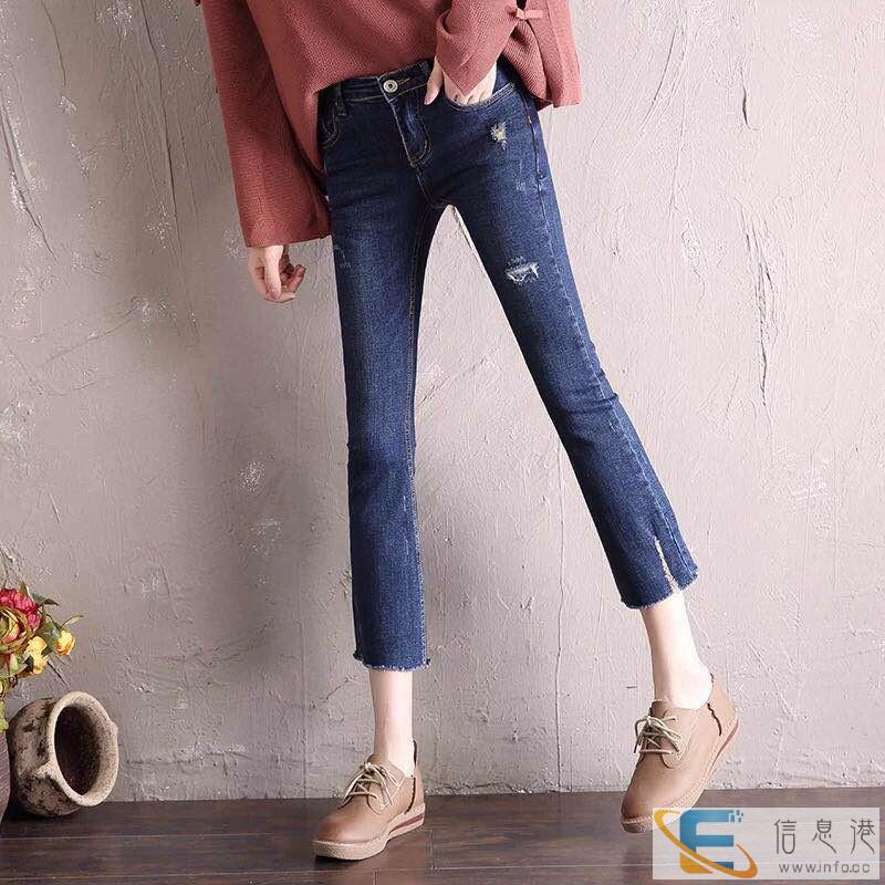 厂家低价批发弹力修身显瘦中腰阔脚九分牛仔裤批发便宜牛仔裤批发
