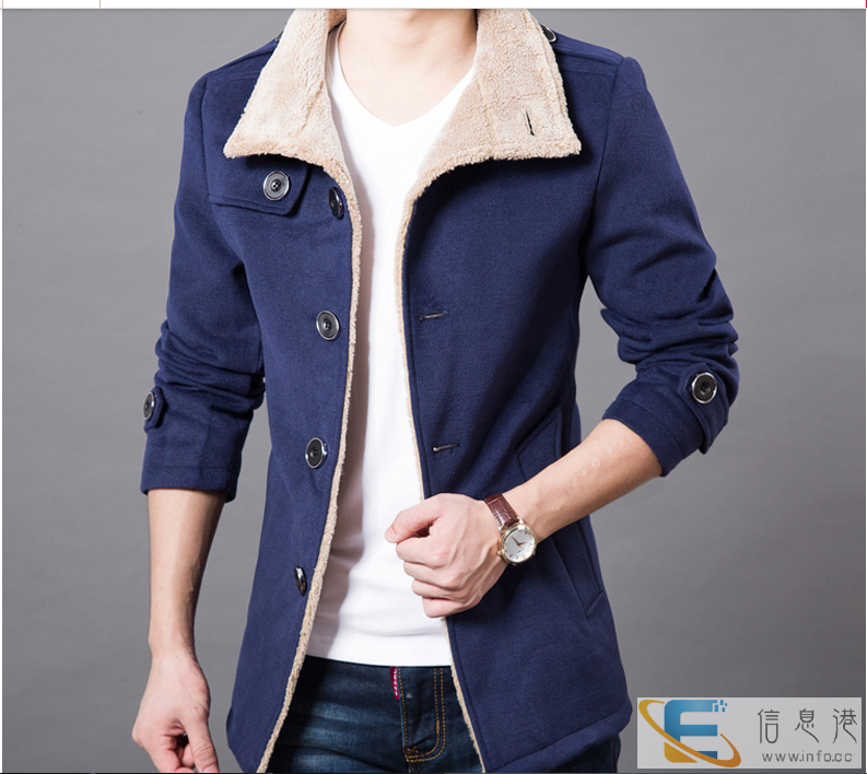 新款秋冬呢大衣男中长款英伦修身毛呢外套西装领夹克男装休闲妮子